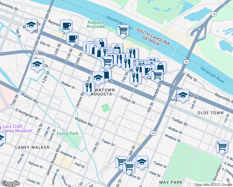 map of restaurants, bars, coffee shops, grocery stores, and more near 419 7th Street in Augusta