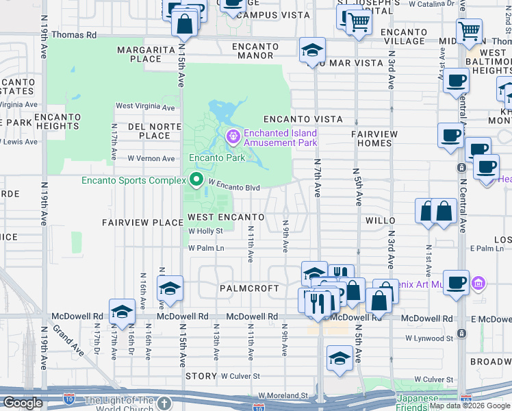 map of restaurants, bars, coffee shops, grocery stores, and more near 921 West Monte Vista Road in Phoenix