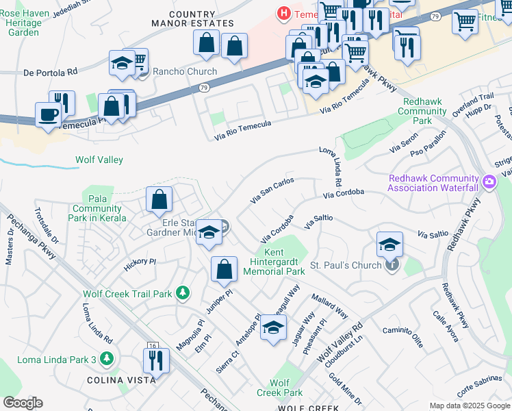 map of restaurants, bars, coffee shops, grocery stores, and more near 31509 Via San Carlos in Temecula