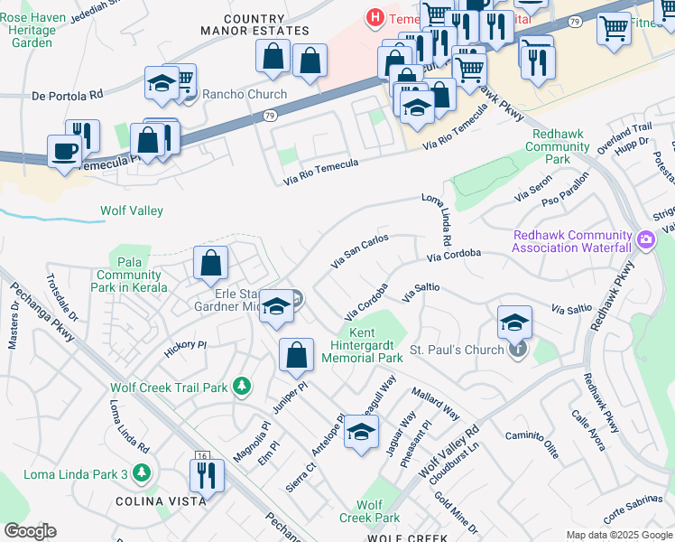 map of restaurants, bars, coffee shops, grocery stores, and more near 31509 Via San Carlos in Temecula