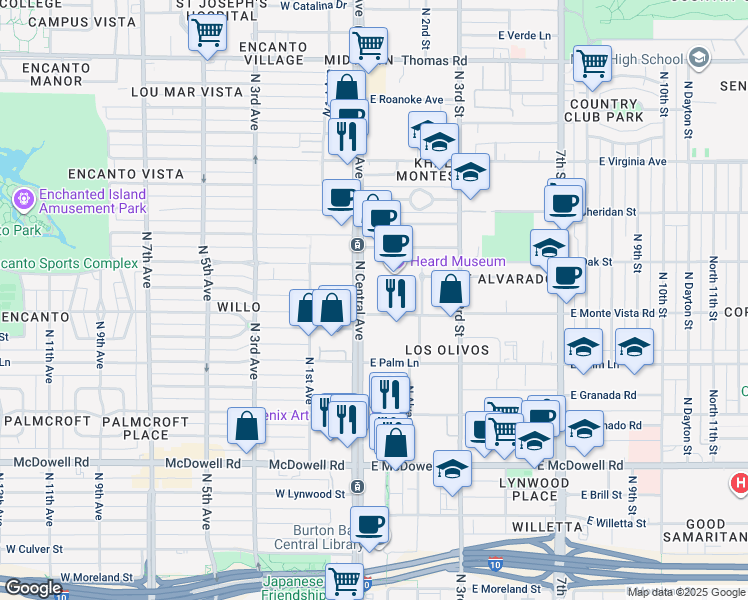 map of restaurants, bars, coffee shops, grocery stores, and more near 39 East Monte Vista Road in Phoenix