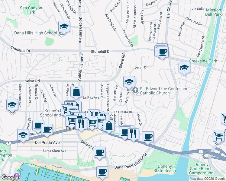 map of restaurants, bars, coffee shops, grocery stores, and more near 33861 Mariana Drive in Dana Point