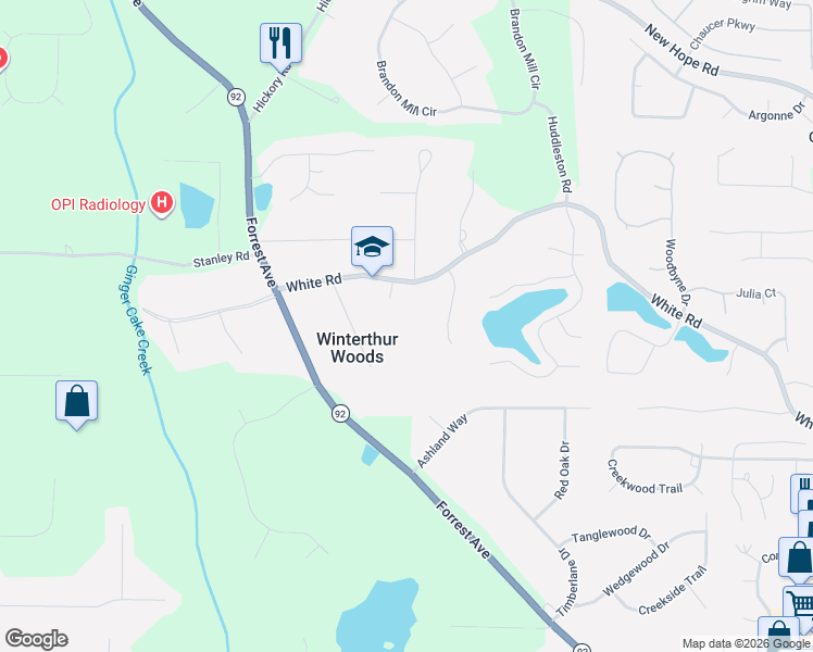map of restaurants, bars, coffee shops, grocery stores, and more near 125 Winterthur Court in Fayetteville