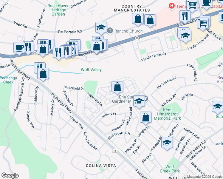 map of restaurants, bars, coffee shops, grocery stores, and more near 31186 Sunflower Way in Temecula