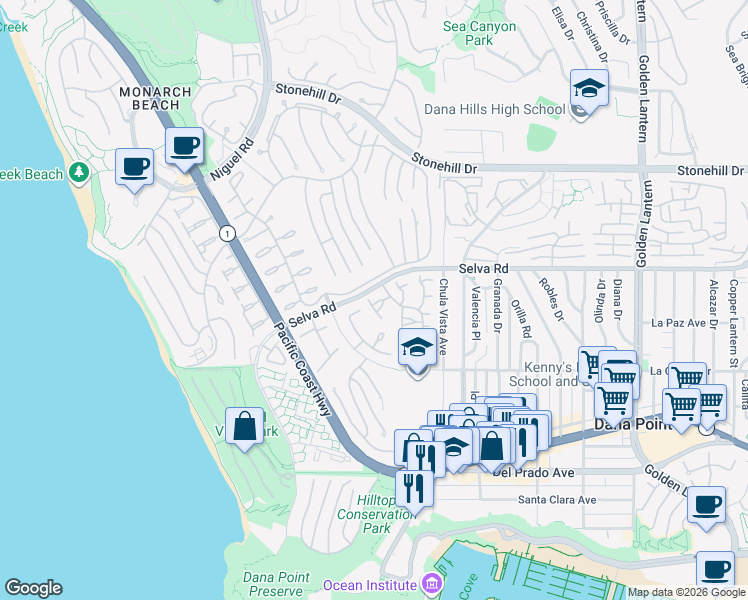 map of restaurants, bars, coffee shops, grocery stores, and more near 24105 Gourami Bay in Dana Point
