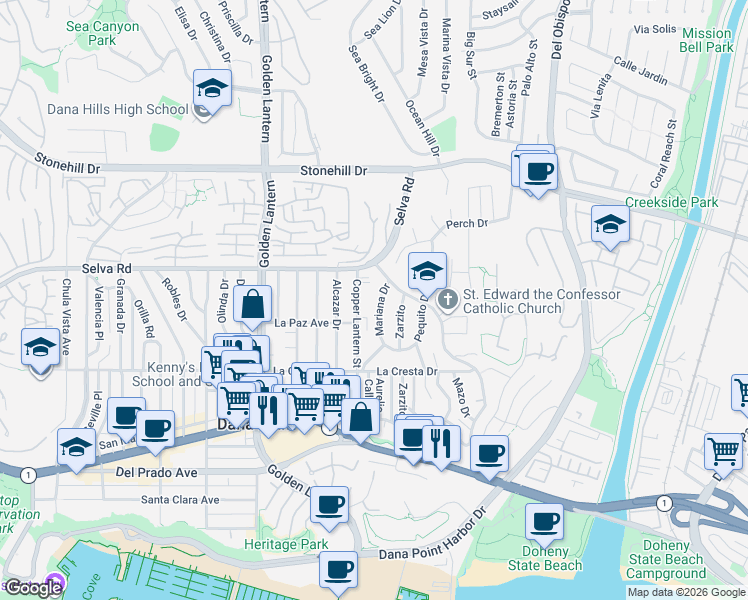map of restaurants, bars, coffee shops, grocery stores, and more near 33811 Mariana Drive in Dana Point