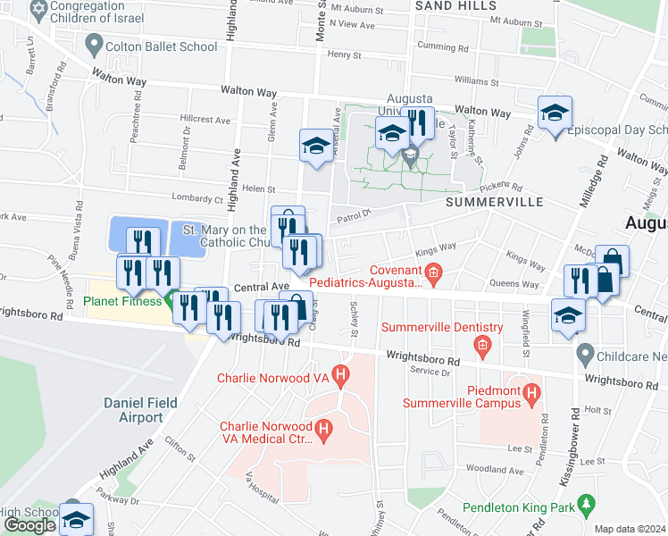 map of restaurants, bars, coffee shops, grocery stores, and more near 1431 Arsenal Avenue in Augusta