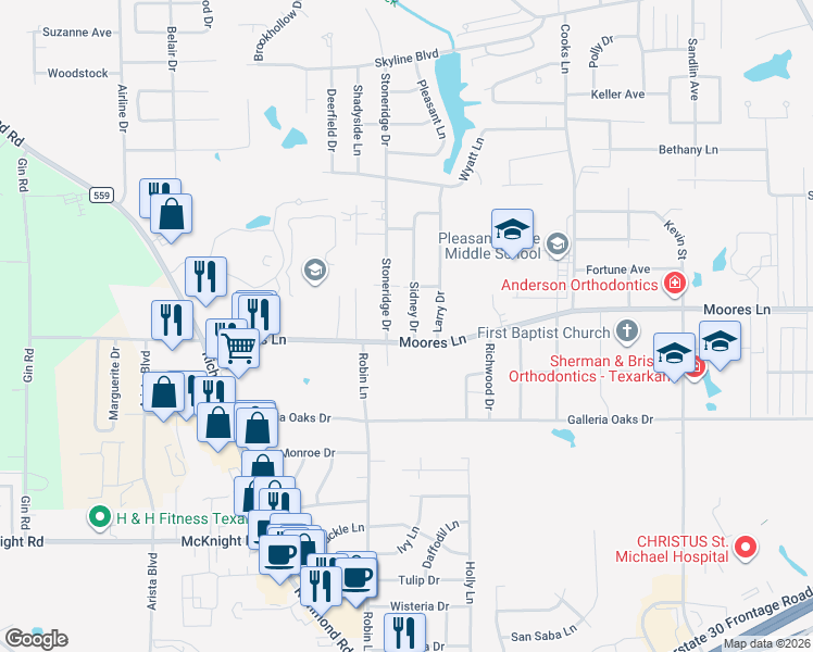map of restaurants, bars, coffee shops, grocery stores, and more near 1 Sidney Drive in Texarkana