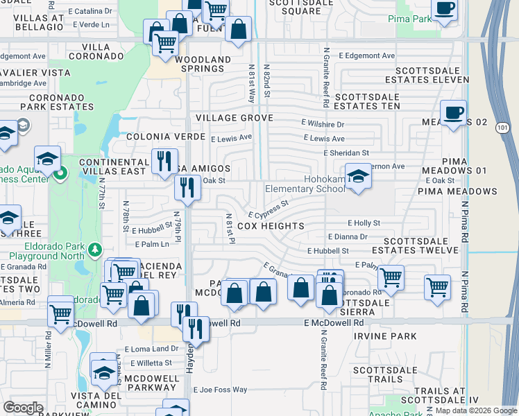 map of restaurants, bars, coffee shops, grocery stores, and more near in Scottsdale