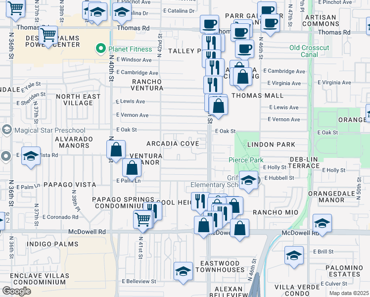 map of restaurants, bars, coffee shops, grocery stores, and more near 2252 North 44th Street in Phoenix