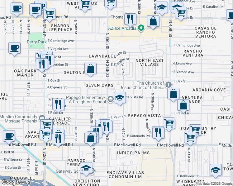 map of restaurants, bars, coffee shops, grocery stores, and more near 3606 East Monte Vista Road in Phoenix