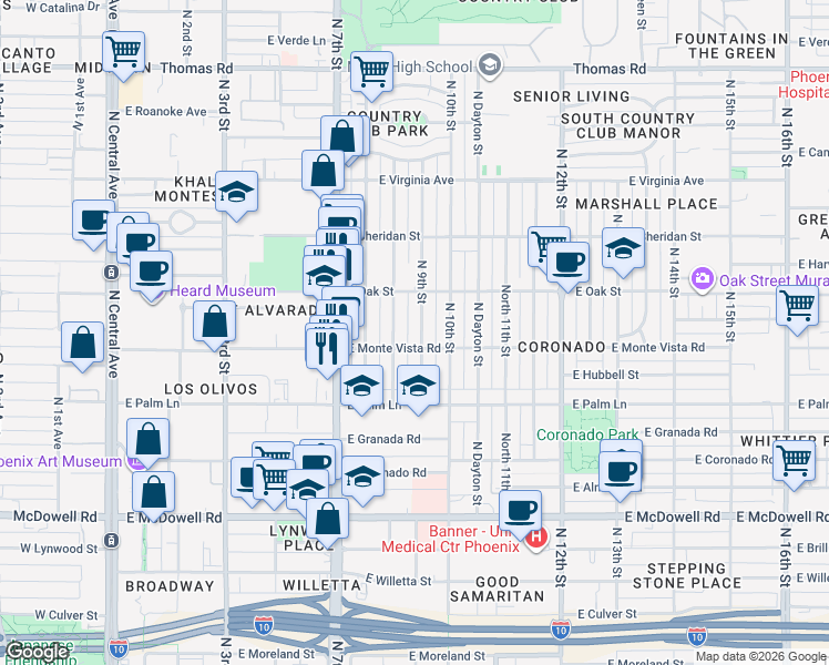 map of restaurants, bars, coffee shops, grocery stores, and more near 2046 North 9th Street in Phoenix