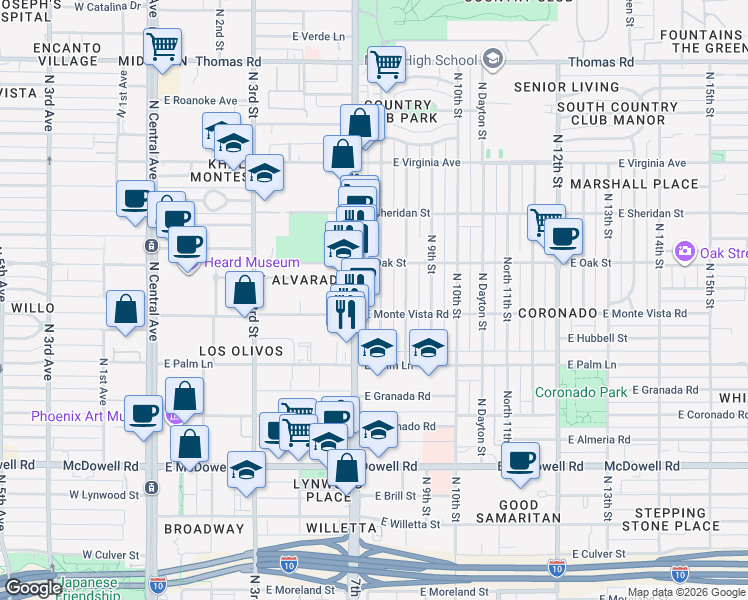 map of restaurants, bars, coffee shops, grocery stores, and more near 593 East Monte Vista Road in Phoenix