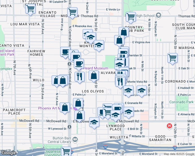 map of restaurants, bars, coffee shops, grocery stores, and more near 2034 North 3rd Street in Phoenix