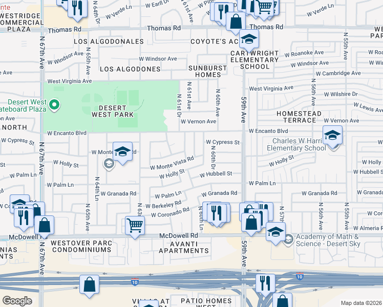 map of restaurants, bars, coffee shops, grocery stores, and more near 6123 West Monte Vista Road in Phoenix