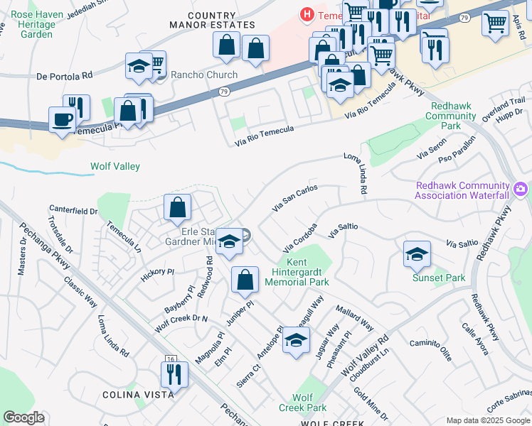 map of restaurants, bars, coffee shops, grocery stores, and more near 45057 Corte Camellia in Temecula