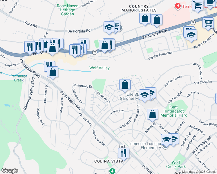 map of restaurants, bars, coffee shops, grocery stores, and more near 31140 Sunflower Way in Temecula