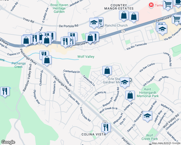 map of restaurants, bars, coffee shops, grocery stores, and more near 31058 Strawberry Tree Lane in Temecula