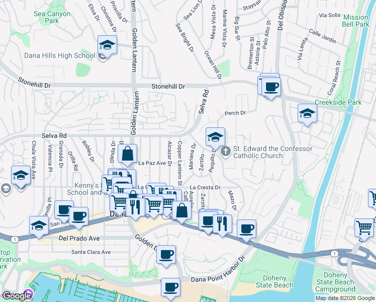 map of restaurants, bars, coffee shops, grocery stores, and more near 33861 Mariana Drive in Dana Point