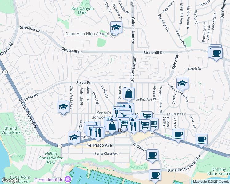 map of restaurants, bars, coffee shops, grocery stores, and more near 33859 Street of the Violet Lantern in Dana Point