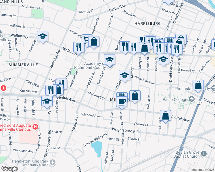 map of restaurants, bars, coffee shops, grocery stores, and more near 1007 Adrian Street in Augusta