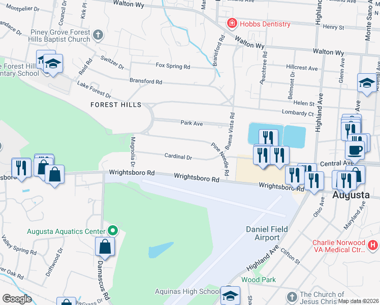 map of restaurants, bars, coffee shops, grocery stores, and more near 3018 Cardinal Drive in Augusta