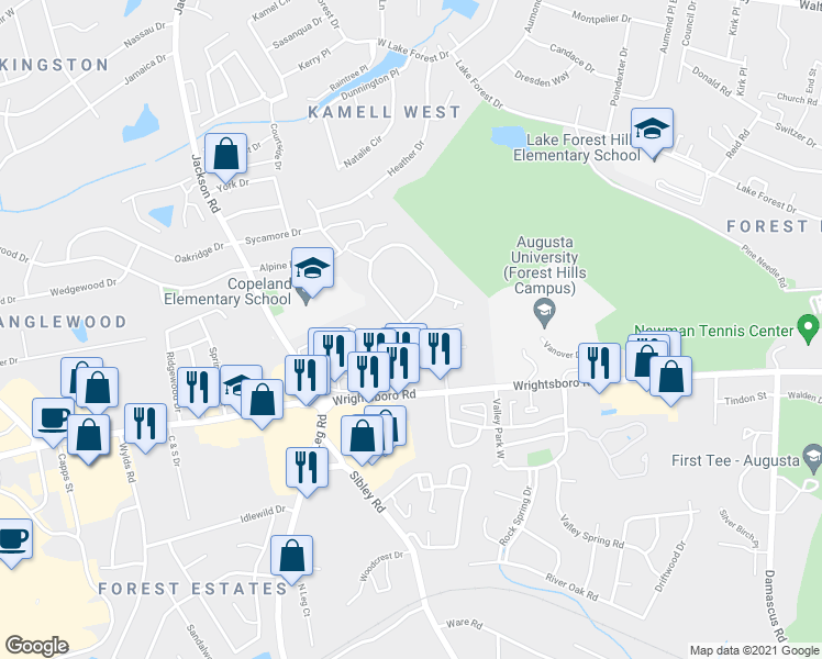 map of restaurants, bars, coffee shops, grocery stores, and more near 237 Fox Trace in Augusta