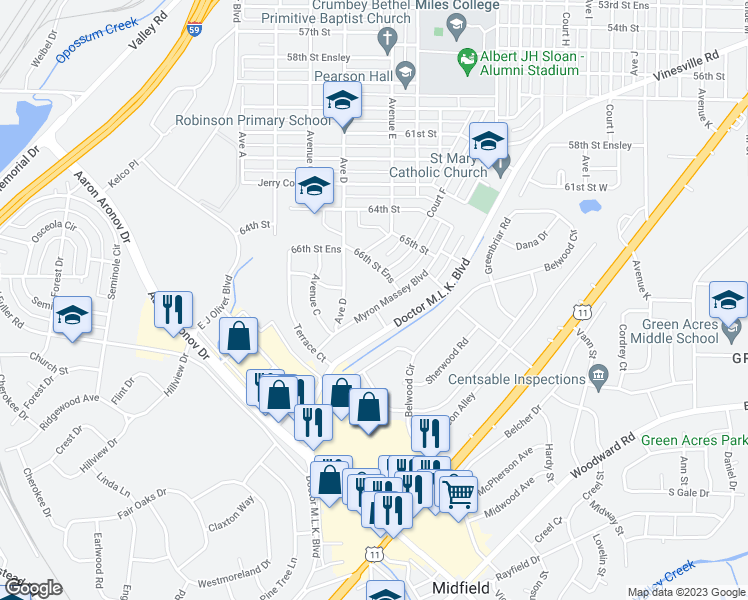 map of restaurants, bars, coffee shops, grocery stores, and more near 6624 Myron Massey Boulevard in Fairfield