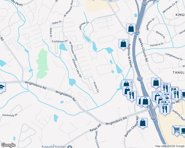 map of restaurants, bars, coffee shops, grocery stores, and more near 5277 Aruba Circle in Augusta