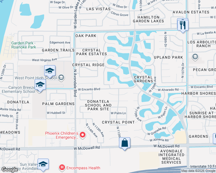 map of restaurants, bars, coffee shops, grocery stores, and more near 11230 West Alvarado Road in Avondale