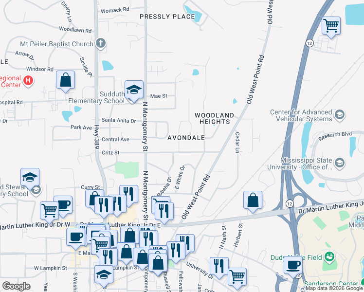 map of restaurants, bars, coffee shops, grocery stores, and more near 400-498 Critz Street in Starkville