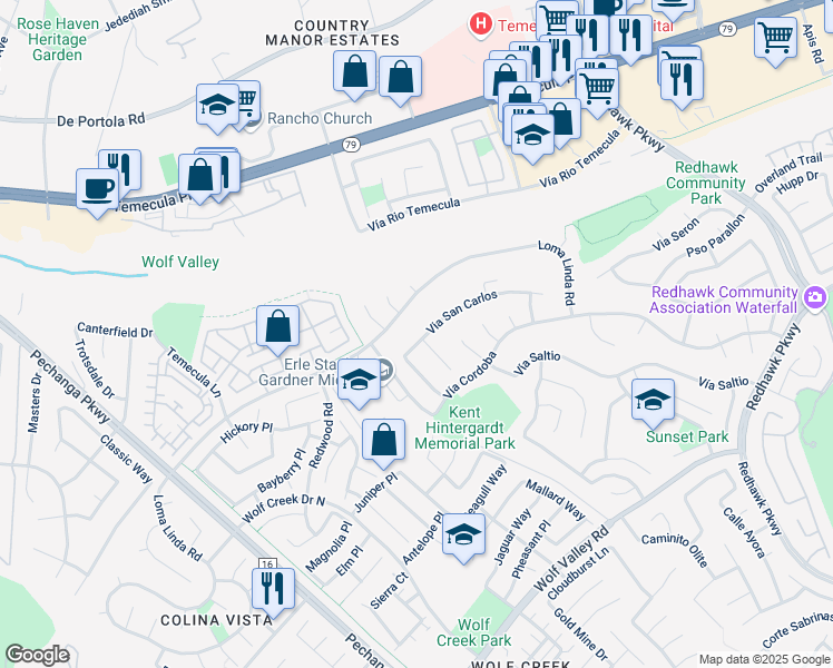 map of restaurants, bars, coffee shops, grocery stores, and more near 45057 Corte Camellia in Temecula