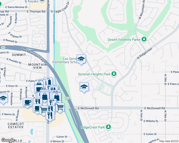 map of restaurants, bars, coffee shops, grocery stores, and more near 3053 North Sonoran Hills in Mesa
