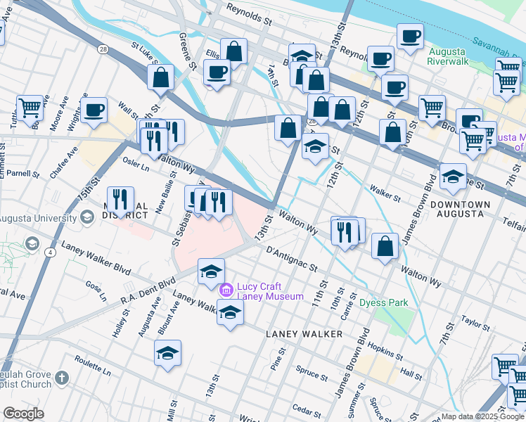 map of restaurants, bars, coffee shops, grocery stores, and more near 811 13th Street in Augusta
