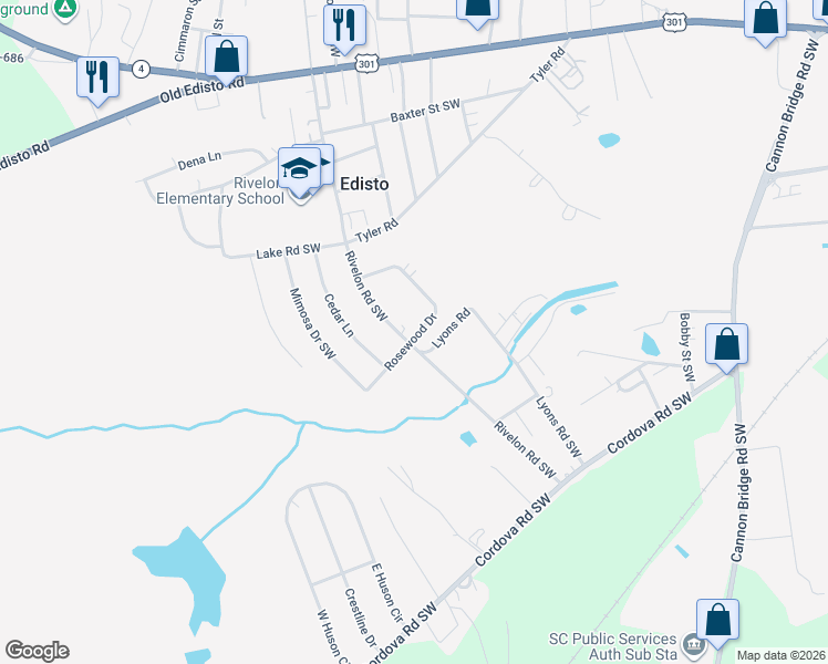 map of restaurants, bars, coffee shops, grocery stores, and more near 528 Rosewood Drive in Orangeburg