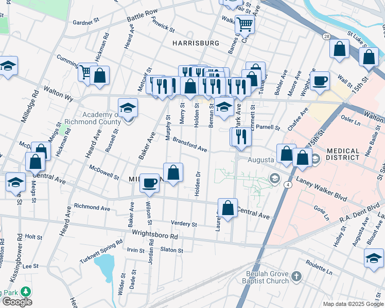 map of restaurants, bars, coffee shops, grocery stores, and more near 1209 Holden Drive in Augusta
