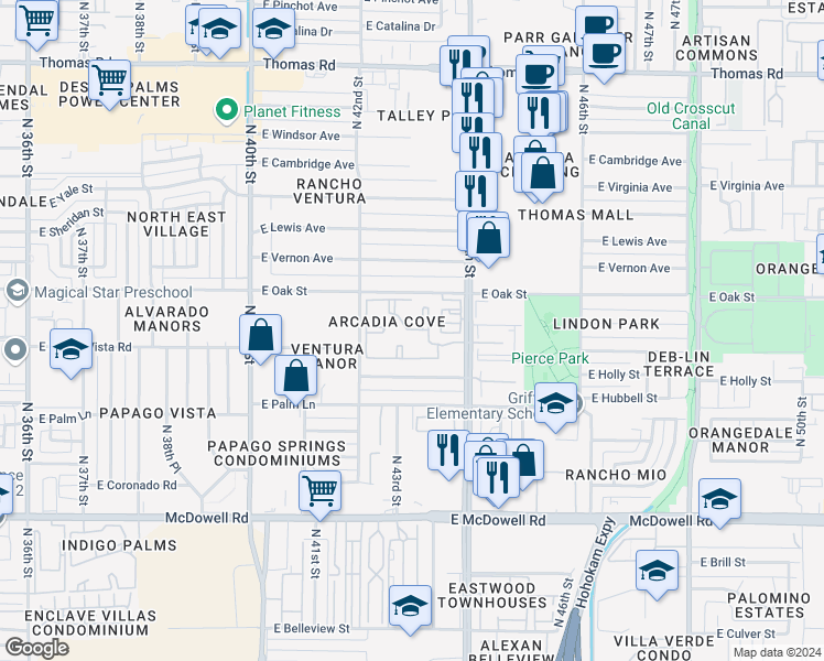 map of restaurants, bars, coffee shops, grocery stores, and more near 2252 North 44th Street in Phoenix