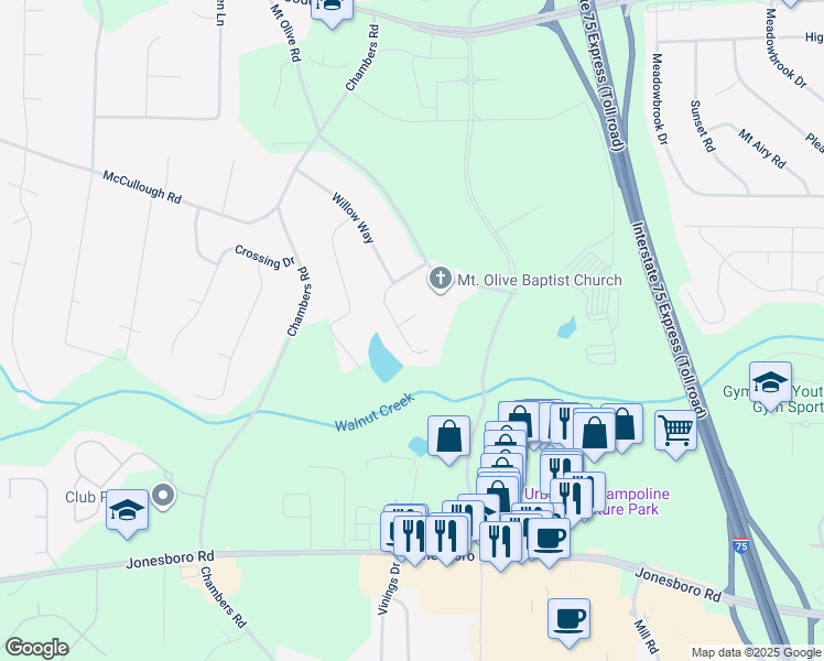 map of restaurants, bars, coffee shops, grocery stores, and more near 100 Walnut Court in Stockbridge
