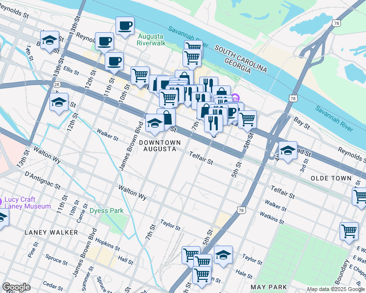 map of restaurants, bars, coffee shops, grocery stores, and more near 419 7th Street in Augusta
