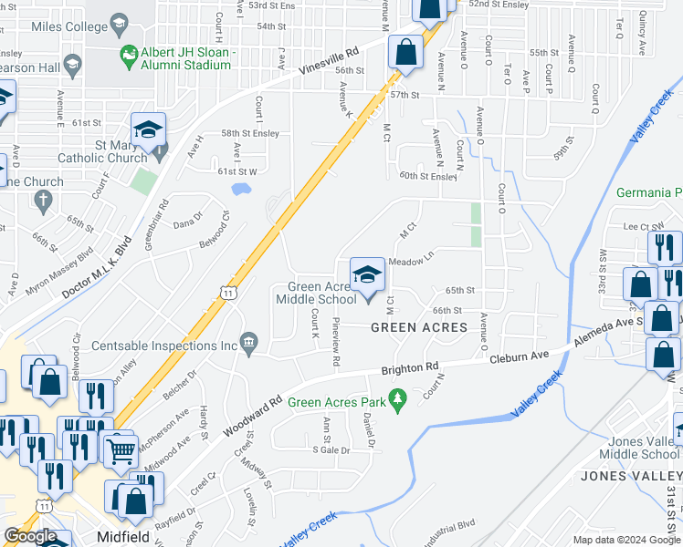 map of restaurants, bars, coffee shops, grocery stores, and more near 1101 Pineview Road in Birmingham