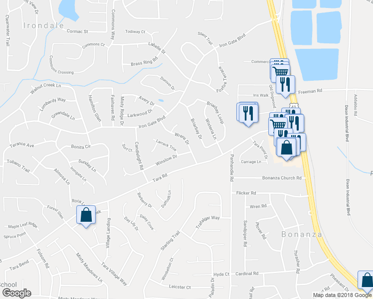 map of restaurants, bars, coffee shops, grocery stores, and more near 10407 Wrens Drive in Jonesboro