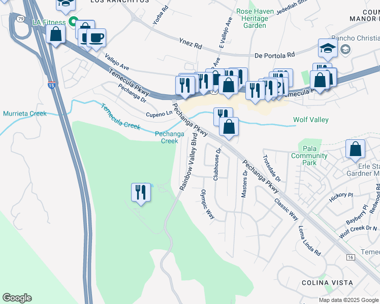 map of restaurants, bars, coffee shops, grocery stores, and more near 45092 Putting Green Court in Temecula