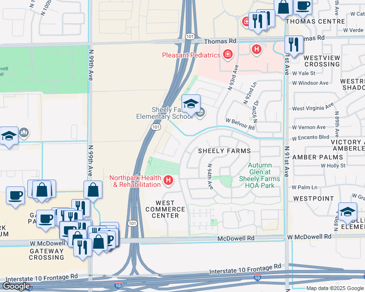 map of restaurants, bars, coffee shops, grocery stores, and more near 2128 North 94th Glen in Phoenix