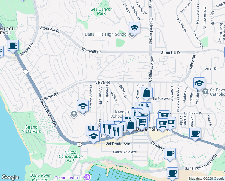 map of restaurants, bars, coffee shops, grocery stores, and more near 33812 Orilla Road in Dana Point