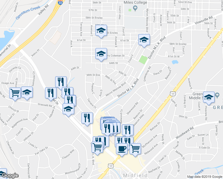 map of restaurants, bars, coffee shops, grocery stores, and more near 6620 Myron Massey Boulevard in Fairfield