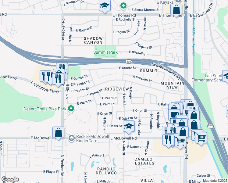 map of restaurants, bars, coffee shops, grocery stores, and more near 6310 East Portia Street in Mesa