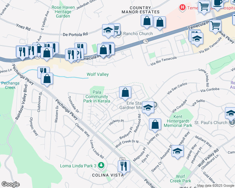 map of restaurants, bars, coffee shops, grocery stores, and more near 31156 Strawberry Tree Lane in Temecula