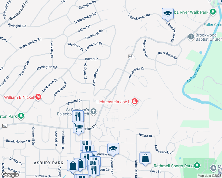 map of restaurants, bars, coffee shops, grocery stores, and more near 3305 Stoneridge Drive in Birmingham