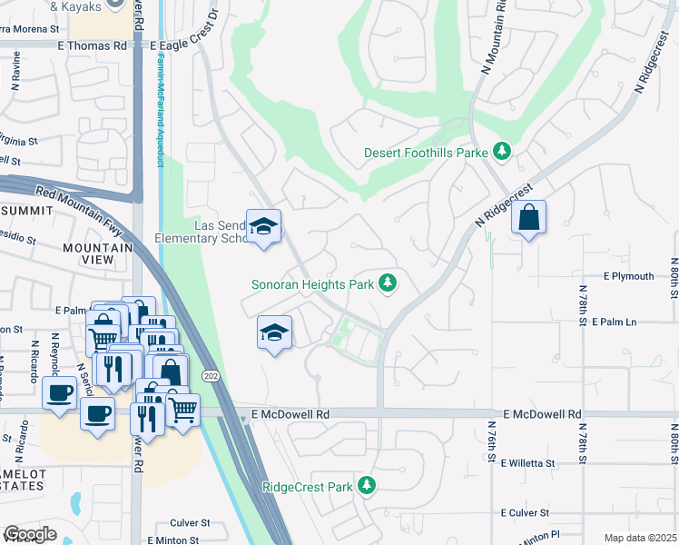 map of restaurants, bars, coffee shops, grocery stores, and more near North Ironwood Pass 2 Las Send in Mesa