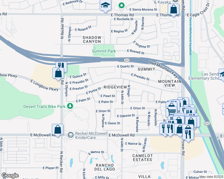 map of restaurants, bars, coffee shops, grocery stores, and more near 6310 East Portia Street in Mesa